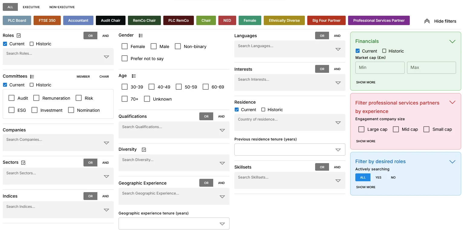 Search filters available to headhunter and private equity firms on The Board Directory