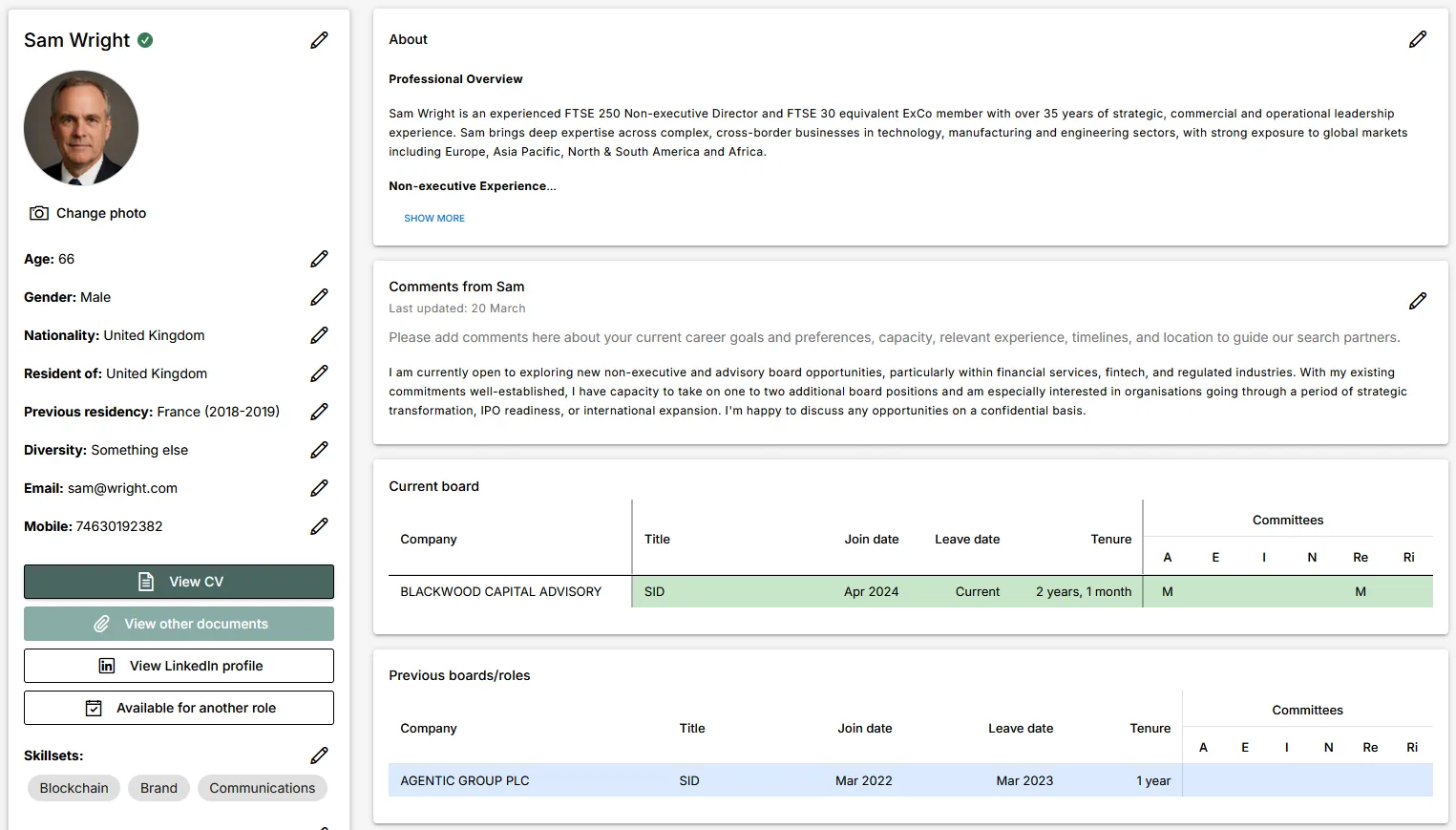 Example board profile on The Board Directory platform