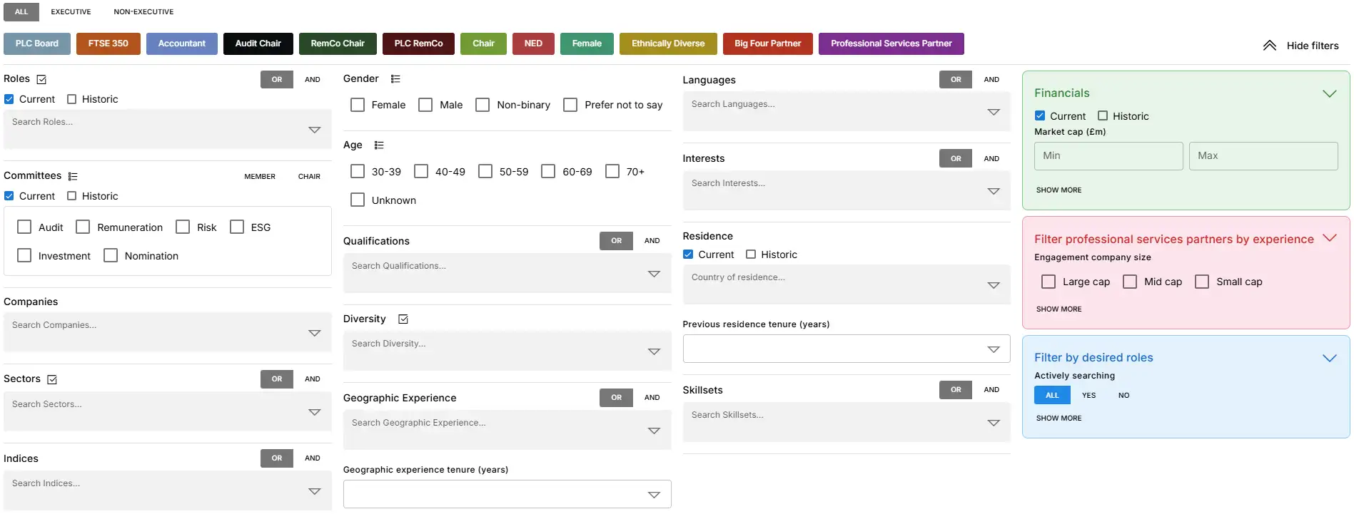 Search filters available to headhunter and private equity firms on The Board Directory