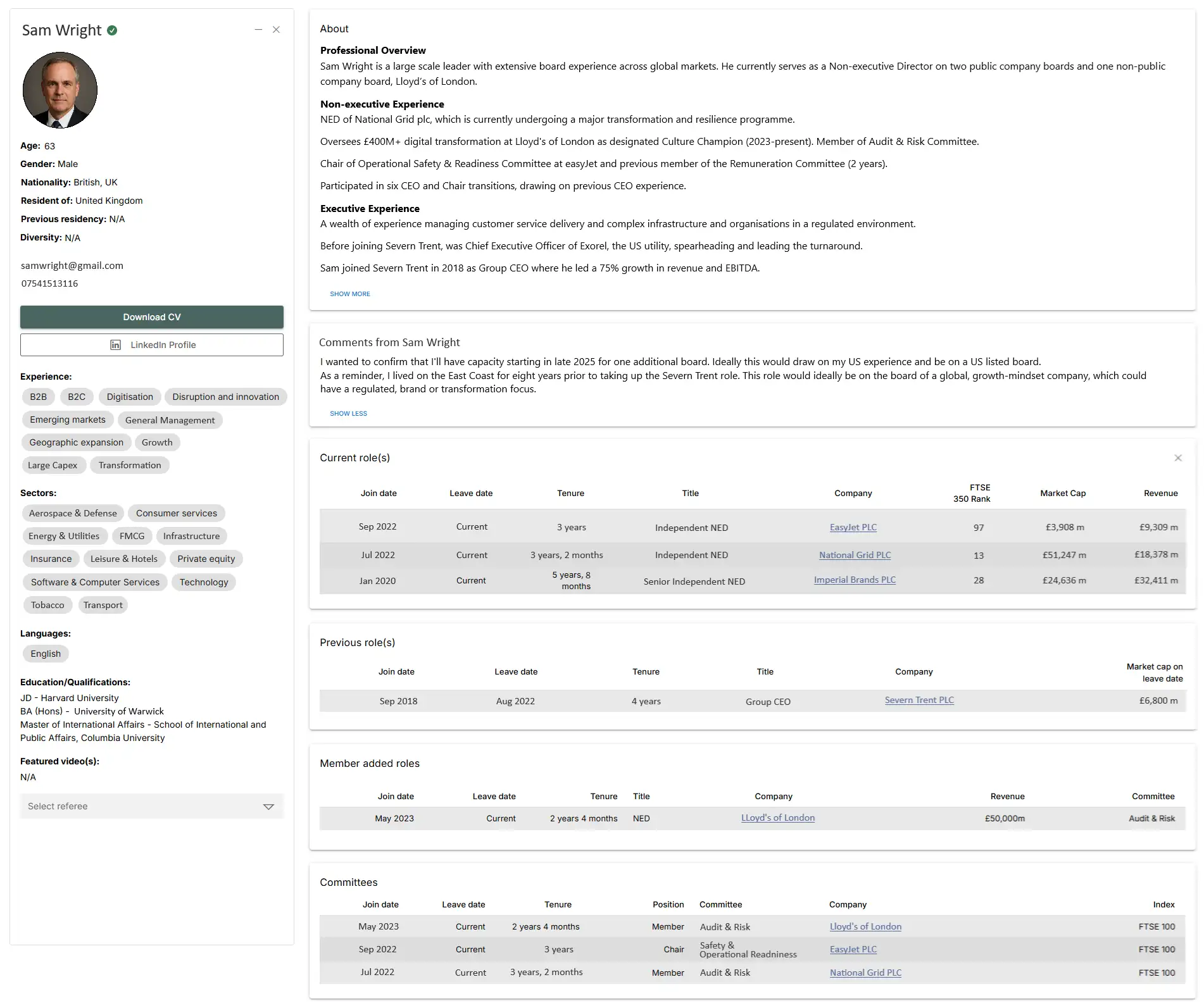 Example board profile on The Board Directory platform